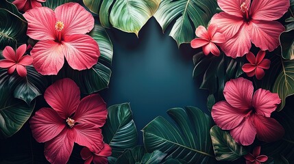 Tropical Hibiscus and Monstera Leaves on Dark Teal Background, Floral Arrangement