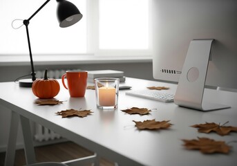 Minimalist Halloween desk with a lit candle, small pumpkin, orange coffee mug, and autumn leaves.