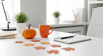 Minimalist Halloween-themed office desk with pumpkin, orange coffee mug, autumn leaves, and stationery elements.