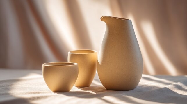 A beige stoneware coffee carafe with a matching cup, soft lighting, serene mood