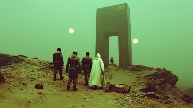 Group of people approaching ancient portal structure on barren alien planet under two moons sci-fi footage