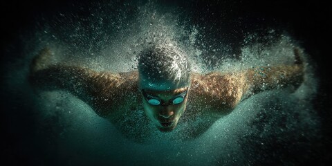 Underwater Swimmer: A powerful swimmer glides through the water, captured mid-stroke. Bubbles and motion blur add to the image's dynamic feel.