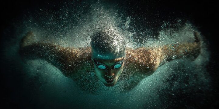 Underwater Swimmer: A powerful swimmer glides through the water, captured mid-stroke. Bubbles and motion blur add to the image's dynamic feel.
