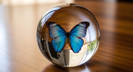 Obraz premium Stunning vibrant blue morpho butterfly within a glass sphere crystal refraction elegance nature wood delicate macro beauty