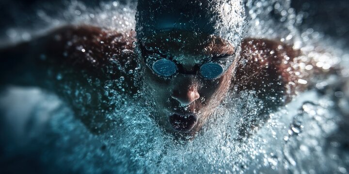 Focused Swimmer in Water: A swimmer expertly cuts through the water, captured in a dynamic close-up, revealing the strength and determination in their eyes and the powerful strokes.