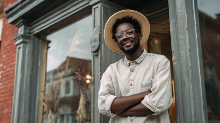 Shopkeeper's Warm Welcome: A smiling man, radiates an inviting demeanor in front of a shop's entrance, dressed in stylish attire. his expression suggests a strong sense of hospitality.