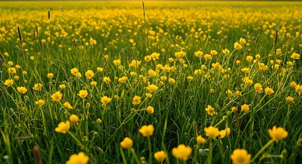 Obraz premium Vibrant field of yellow flowers and green grass under sunlight