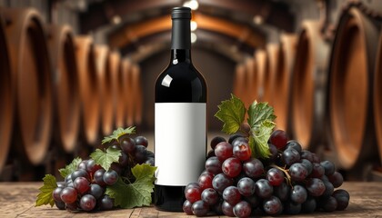Elegant Wine Bottle Display with Ripe Grapes in a Rustic Cellar Environment Scene Composition.