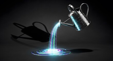 Elegant watering can dispensing vibrant digital energy onto a glowing platform data technology growth innovation magic cyber