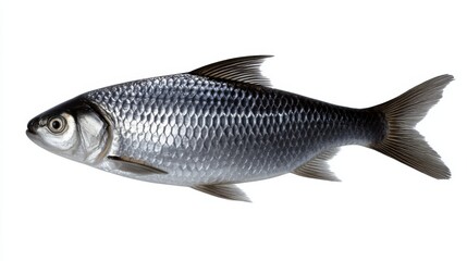Elegant Black Fish Gracefully Swimming Against a Pristine White Background Highlighting the Contrast of Color and Form in a Minimalist Artistic Composition