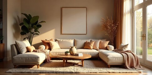 Warm, inviting living room interior with soft lighting, plush furniture, and textured throws creating a feeling of ultimate comfort and relaxation , home, cozy