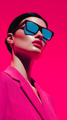 fashion portrait of model wearing sunglasses with vibrant pink and blue lighting creating sharp contrast on skin texture