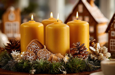 Advent wreath with four yellow candles and Christmas decorations, gingerbread houses in the background