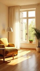 Warm sunlight streams into a bright, airy room, illuminating welcoming open space Perfect for home, office, or hospitality settings Clean, minimalist aesthetic , uncluttered, interior, airy