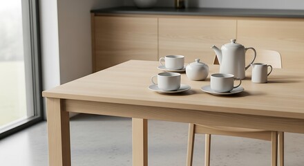 Elegant tea set on a bright wooden table showcasing a minimalist and serene ambiance for gatherings or tranquil moments