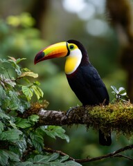 Obraz premium Vibrant Toucan Perched Gracefully on a Branch Amidst Lush Green Jungle Foliage Exuding Tropical Elegance and Natural Beauty in a Sunlit Environment