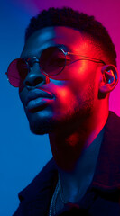 fashion portrait of model wearing sunglasses with vibrant pink and blue lighting creating sharp contrast on skin texture