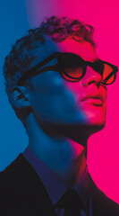 fashion portrait of model wearing sunglasses with vibrant pink and blue lighting creating sharp contrast on skin texture