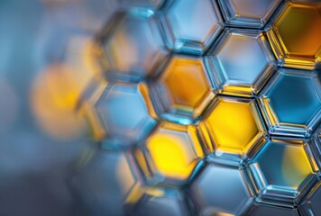 Close-up of interconnected hexagonal glass structures with vibrant yellow and blue lighting