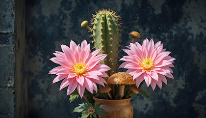Cactus with Pink Flowers and Mushrooms in Ceramic Pot Against Dark Background