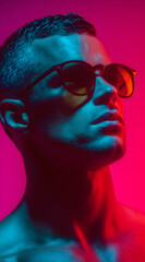 fashion portrait of model wearing sunglasses with vibrant pink and blue lighting creating sharp contrast on skin texture