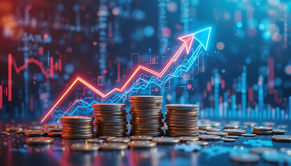 Stacks of Coins with Upward Arrow and Digital Financial Charts in High-Tech Background