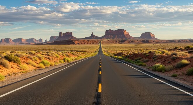 Long empty highway leading towards distant rocky mountains under a cloudy sky with copy space