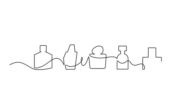 Continuous line perfume bottle animation. Hand drawn eau de toilette fragrance spray, perfum single line art icon, fragrance perfume bottle minimal video