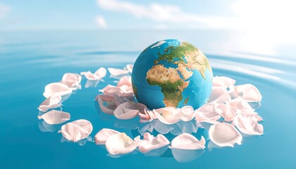 Earth floats gently on water, surrounded by petals