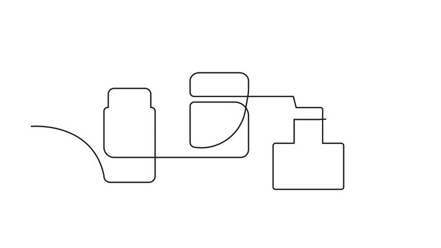 Continuous line perfume bottle animation. Hand drawn eau de toilette fragrance spray, perfum single line art icon, fragrance perfume bottle minimal video