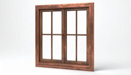 Obraz premium A weathered wooden window with multiple panes and a warm, brown tone is set against a clean white background, it showcases a detailed architectural design for a concept of home decor or visual...