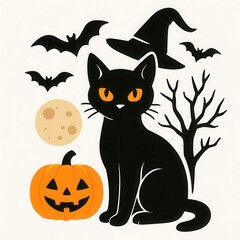 Halloween Black Cat with Pumpkin, Bats, and Witch's Hat
