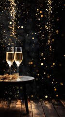 room with champange and glasses and confetti on new year's eve