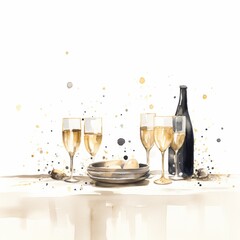 champange and glasses and confetti on new year's eve