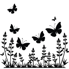 Silhouette of butterflies flying over plants