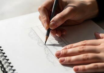 Naklejka premium Hands creating architectural sketch on a drawing pad with a graphite pencil