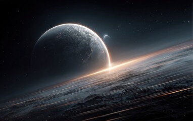 Stunning planet view with a radiant glow and distant moon, perfect for cosmic themes or futuristic designs, evoking wonder and exploration in deep space