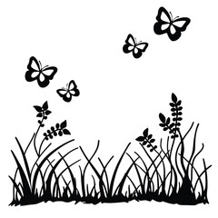Black and white silhouette of butterflies and grass