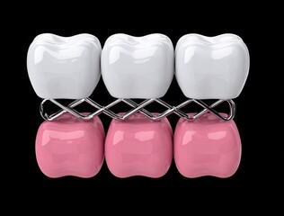 Close-up shot of a dental bridge, showcasing artificial teeth and a metal framework against a black .