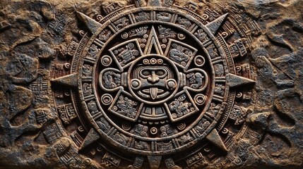 Obraz premium Detailed Aztec Sun Stone Carving with Ancient Calendar Symbols and Figures