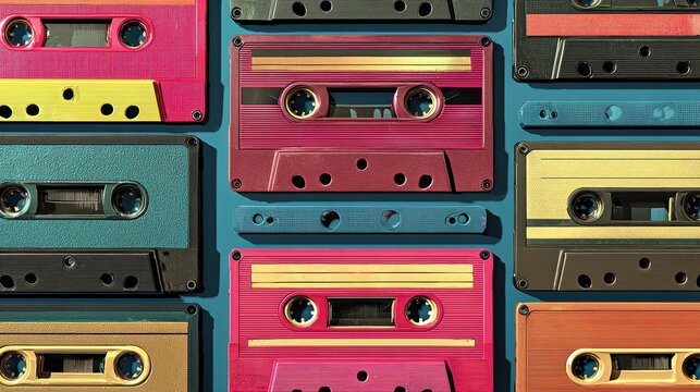 Colorful retro audio cassette tapes arranged in a grid pattern on a teal background.