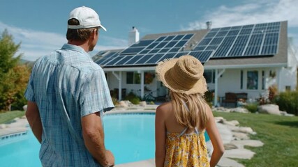 Solar Powered Home: A family looks at their solar-paneled house with a sense of pride and future, a symbol of sustainable living. A blend of innovation, nature and comfort.