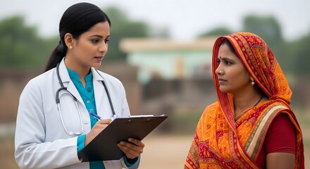 Female doctor consulting rural Indian woman with medical notes, healthcare professional providing guidance, rural health awareness, and medical support in village