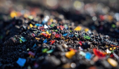 Obraz premium Close-up shot of colorful glass fragments scattered on a dark, textured , creating a vibrant display.