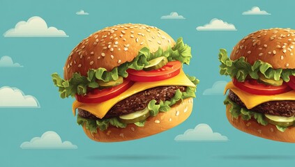 Two cheeseburgers float amidst cartoon clouds