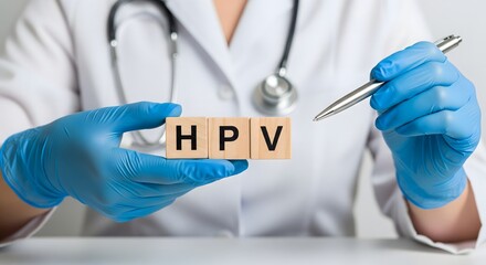 Doctor holding wooden blocks with HPV text, healthcare professional raising awareness about human papillomavirus, vaccination, prevention, and medical diagnosis concept