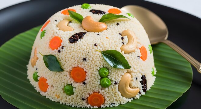 Traditional South Indian rava upma served on banana leaf, delicious semolina dish garnished with cashews, carrots, peas, curry leaves, and spices, authentic Indian breakfast cuisine