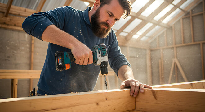 Concentrated man with beard using a drill on wooden planks in a sunlit workshop, woodworking project