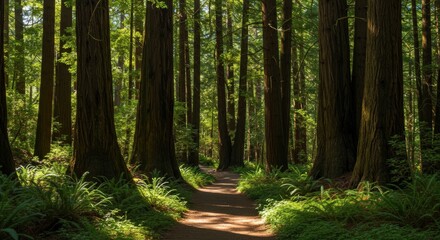 Obraz premium Lush forest path sunlight through trees nature landscape trail outdoors environment