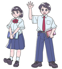 夏服の制服を着た男の子と女の子の生徒の全身イラスト